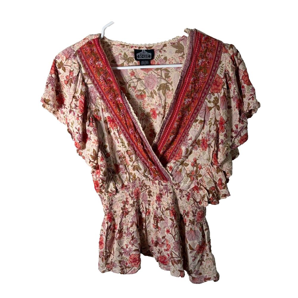 Angie Blouse Women's Large V-Neck Ruffle Floral Boho Casual Shirt Top Artsy